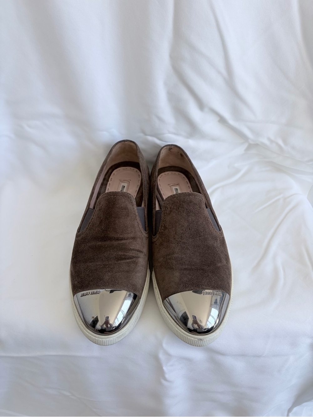 Miu Miu Brown Suede Slip-On Sneakers with Silver Mirror Toe Caps - Picture 2 of 4